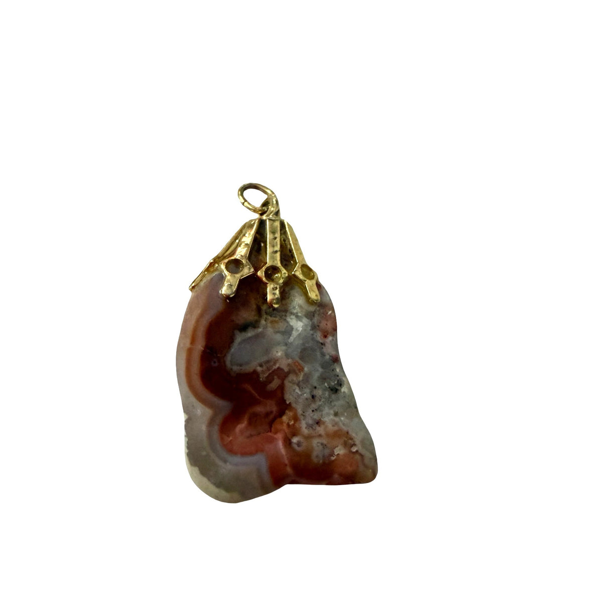 Natural Agate Stone Pendant Gold Tone Filigree Cap Brown Gray Rust Jewelry