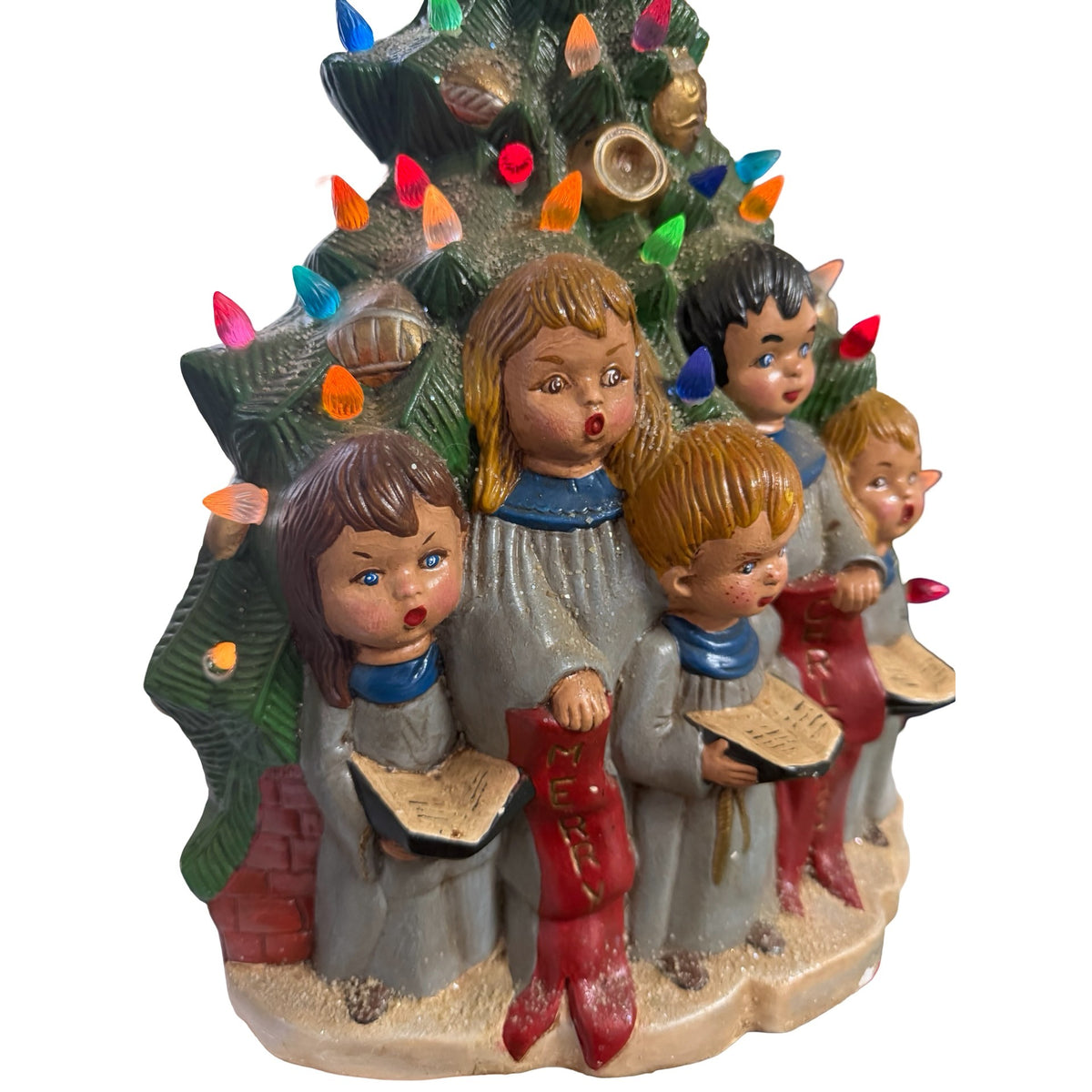 Vintage 16" Lighted Ceramic Christmas Tree Choir Music Box Silent Night