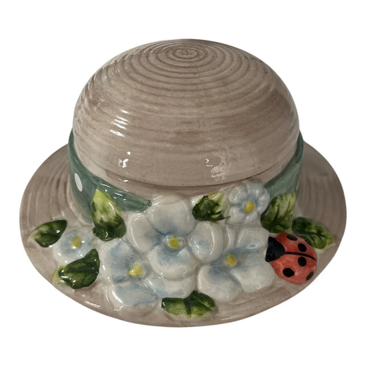 Nantucket Ceramic Hat Trinket Box with Ladybug & Floral Design – Handpainted Cottagecore Decor