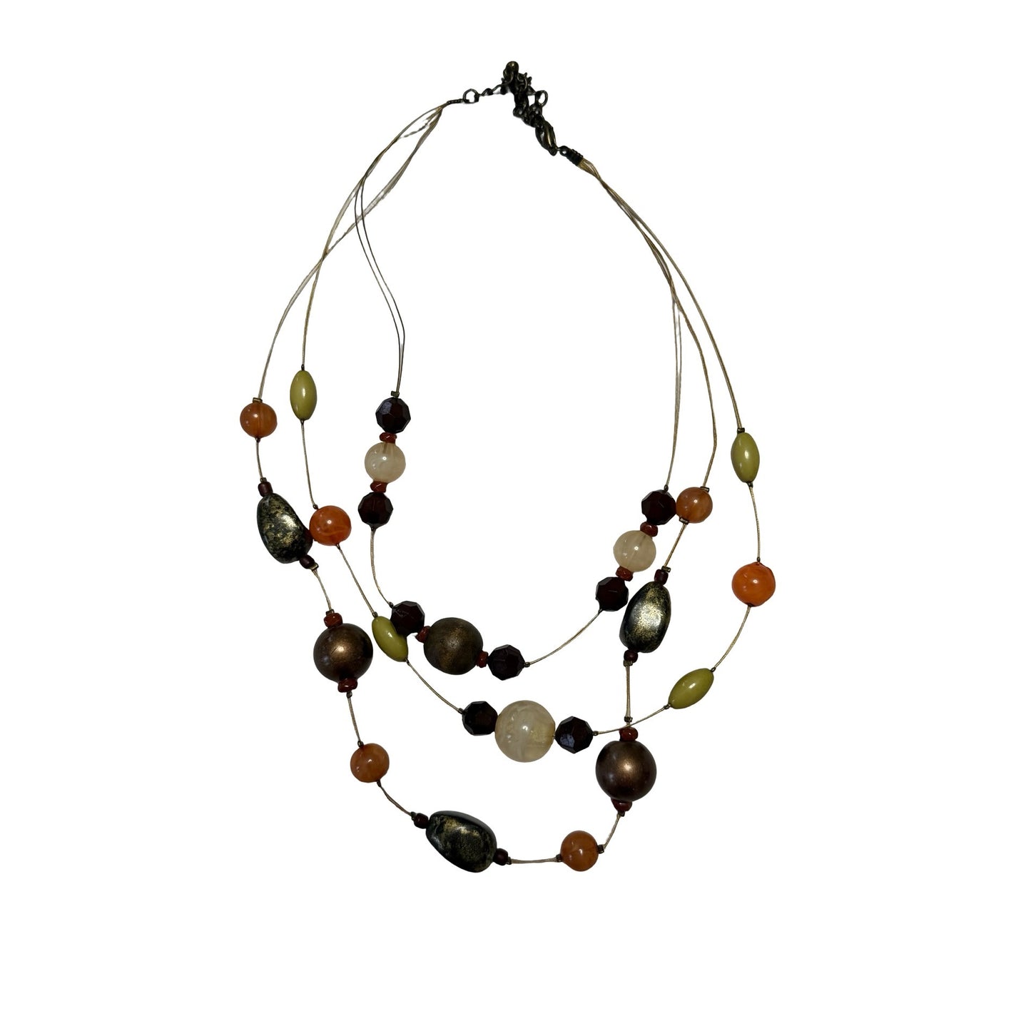 Vintage Multistrand Beaded Necklace Olive Green Amber Brown Bronze 15 Inch