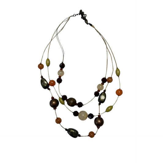 Vintage Multistrand Beaded Necklace Olive Green Amber Brown Bronze 15 Inch