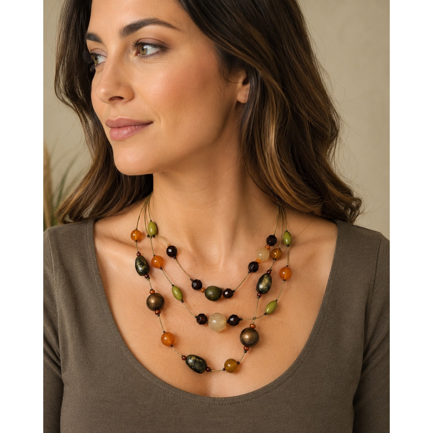 Vintage Multistrand Beaded Necklace Olive Green Amber Brown Bronze 15 Inch