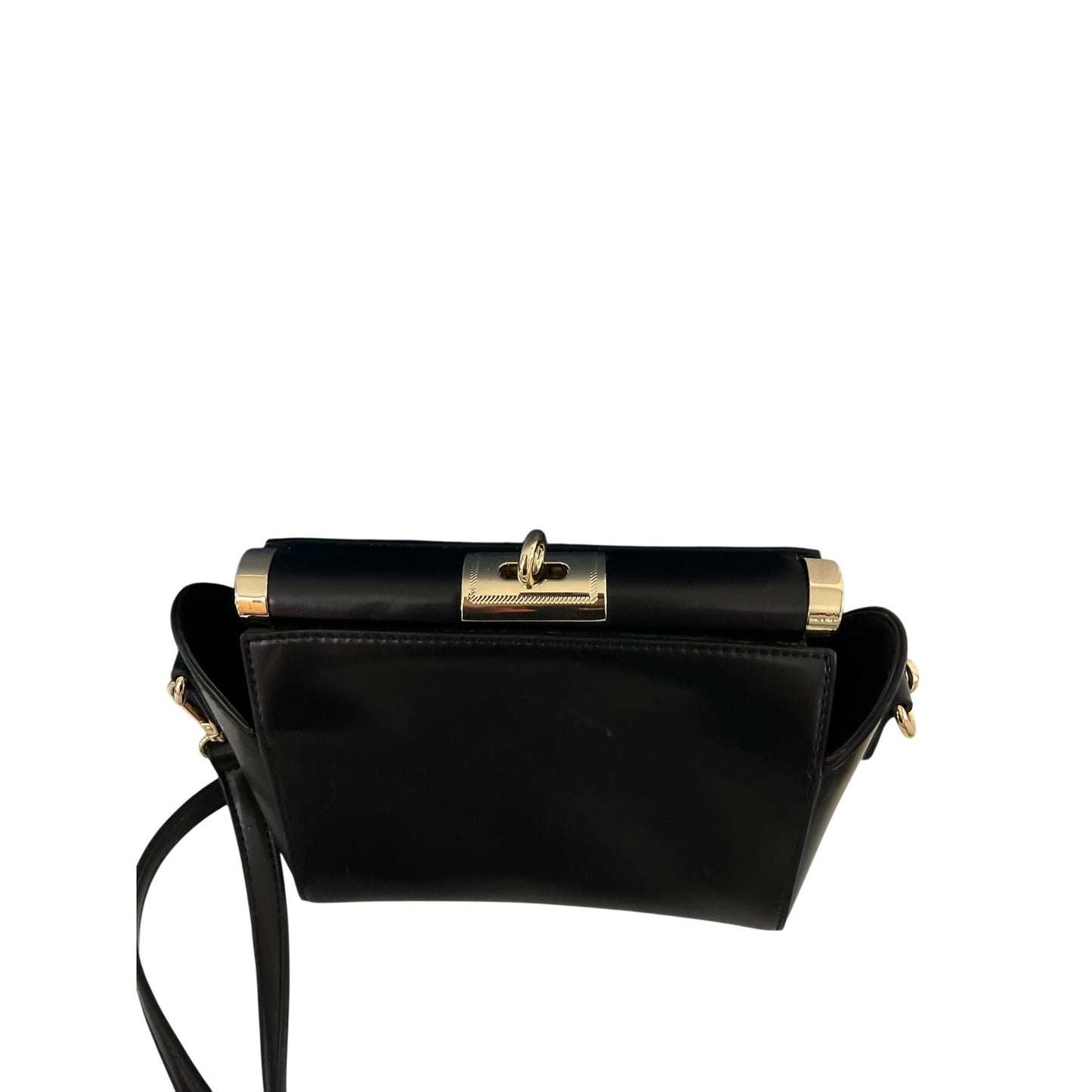 Early 2000s Era Black Faux Leather Boxy Crossbody with Gold Turn-Lock Hardware