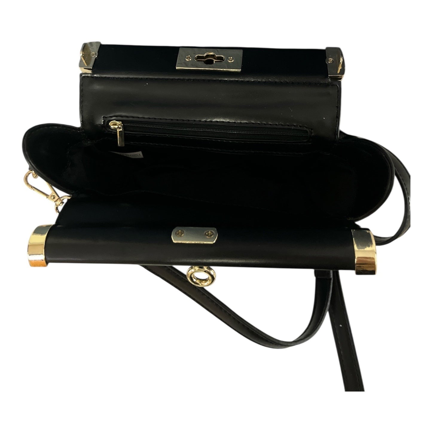 Early 2000s Era Black Faux Leather Boxy Crossbody with Gold Turn-Lock Hardware