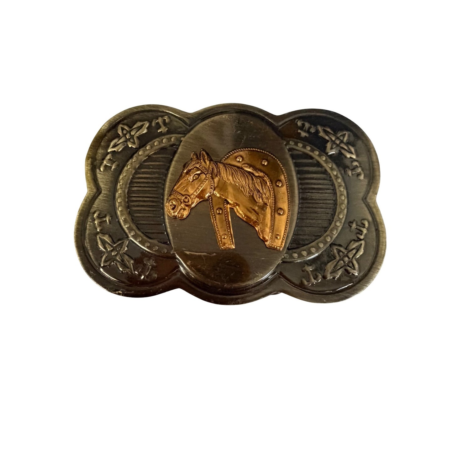Vintage Western Horse Head Belt Buckle Horseshoe Cowboy Equestrian Made in Hong Kong