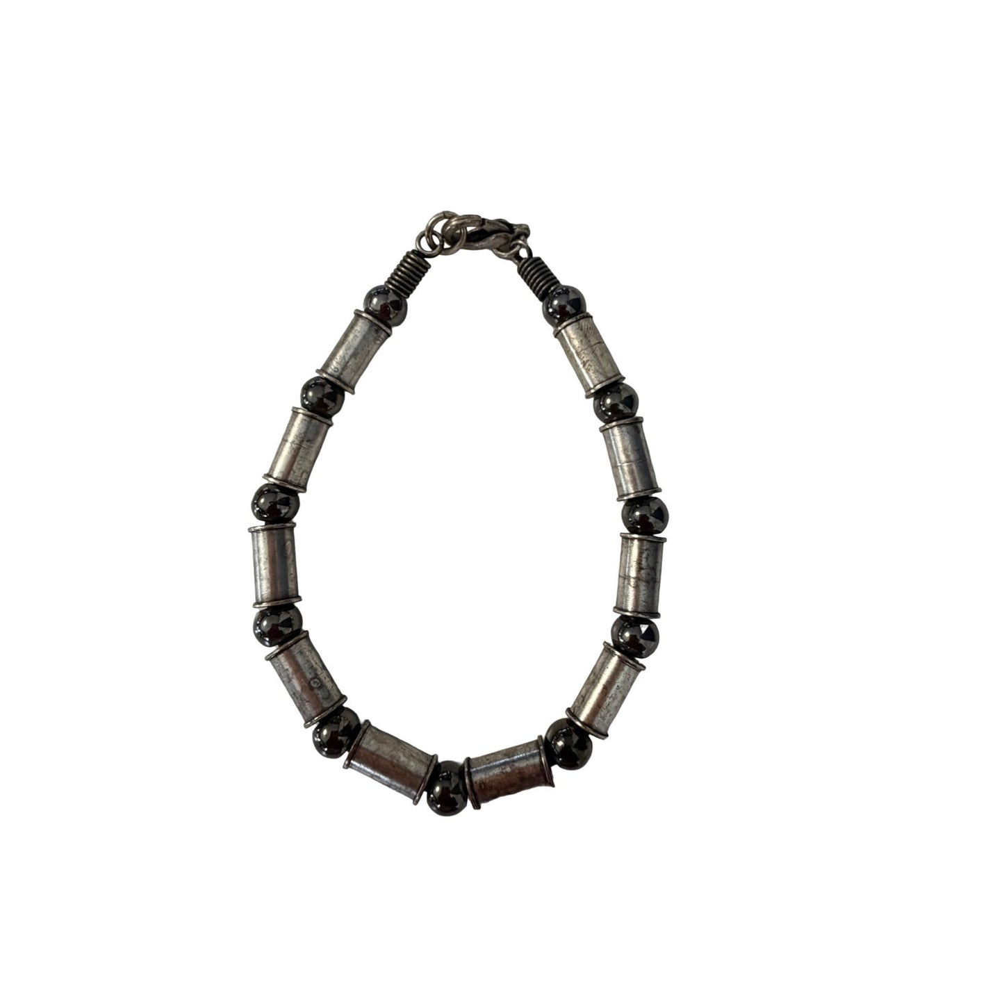 Vintage Hematite Tone Beaded Bracelet Silver Metal Tube Beads Weighty Non Stretch Bracelet