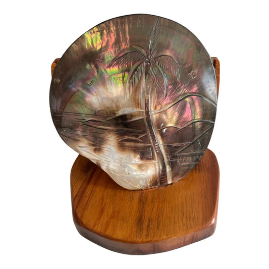 Vintage Tahiti Mother of Pearl Carved Shell on Wood Stand – Palm Tree Scene