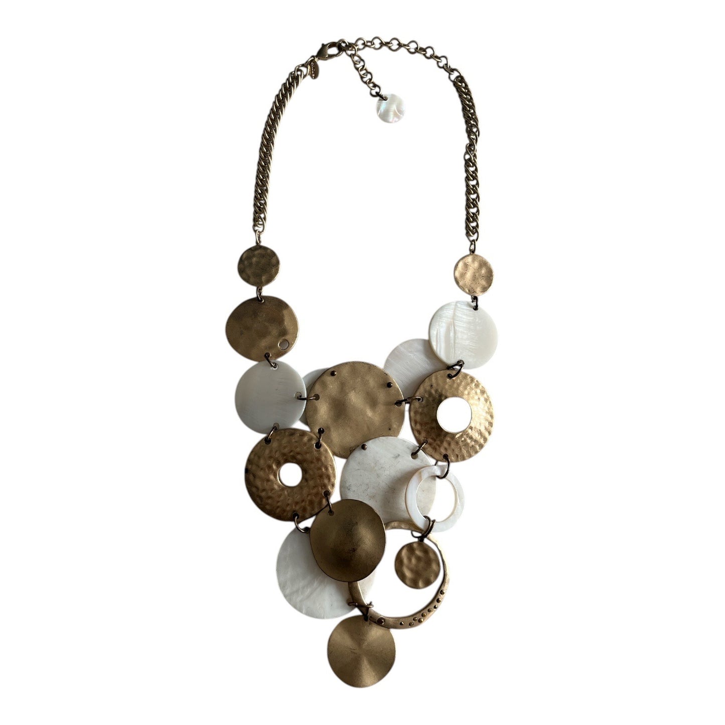 Chico’s Hammered Metal & Mother of Pearl Disc Statement Necklace – Gold Tone
