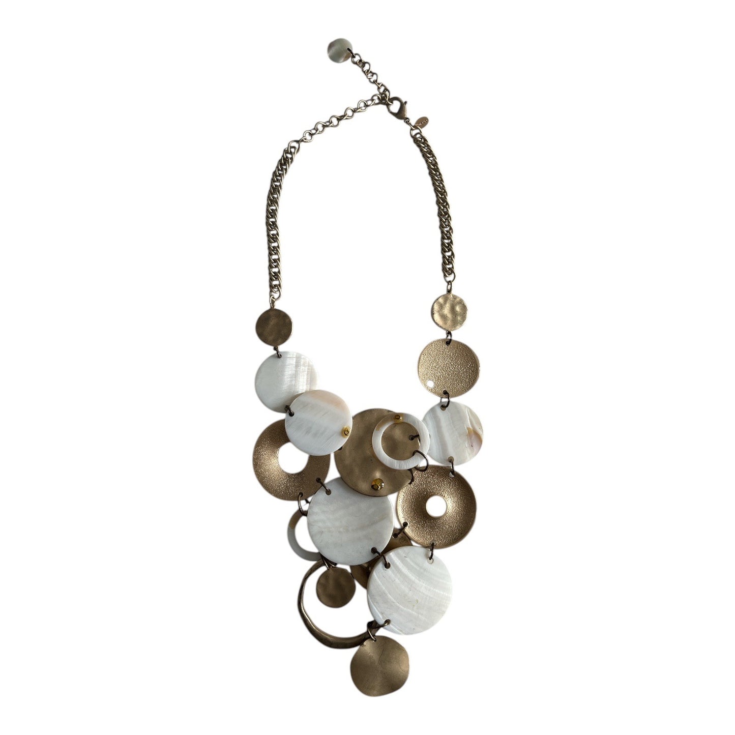 Chico’s Hammered Metal & Mother of Pearl Disc Statement Necklace – Gold Tone