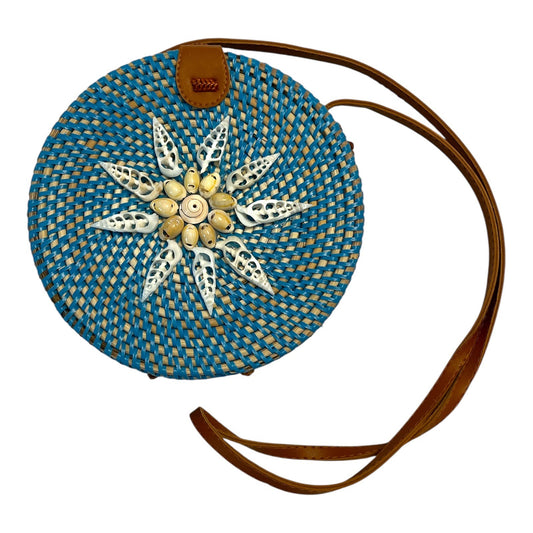 Boho Round Woven Rattan Shell Bag | Blue Straw Circle Crossbody Purse | 8" with 20” Drop | Made in Philippines