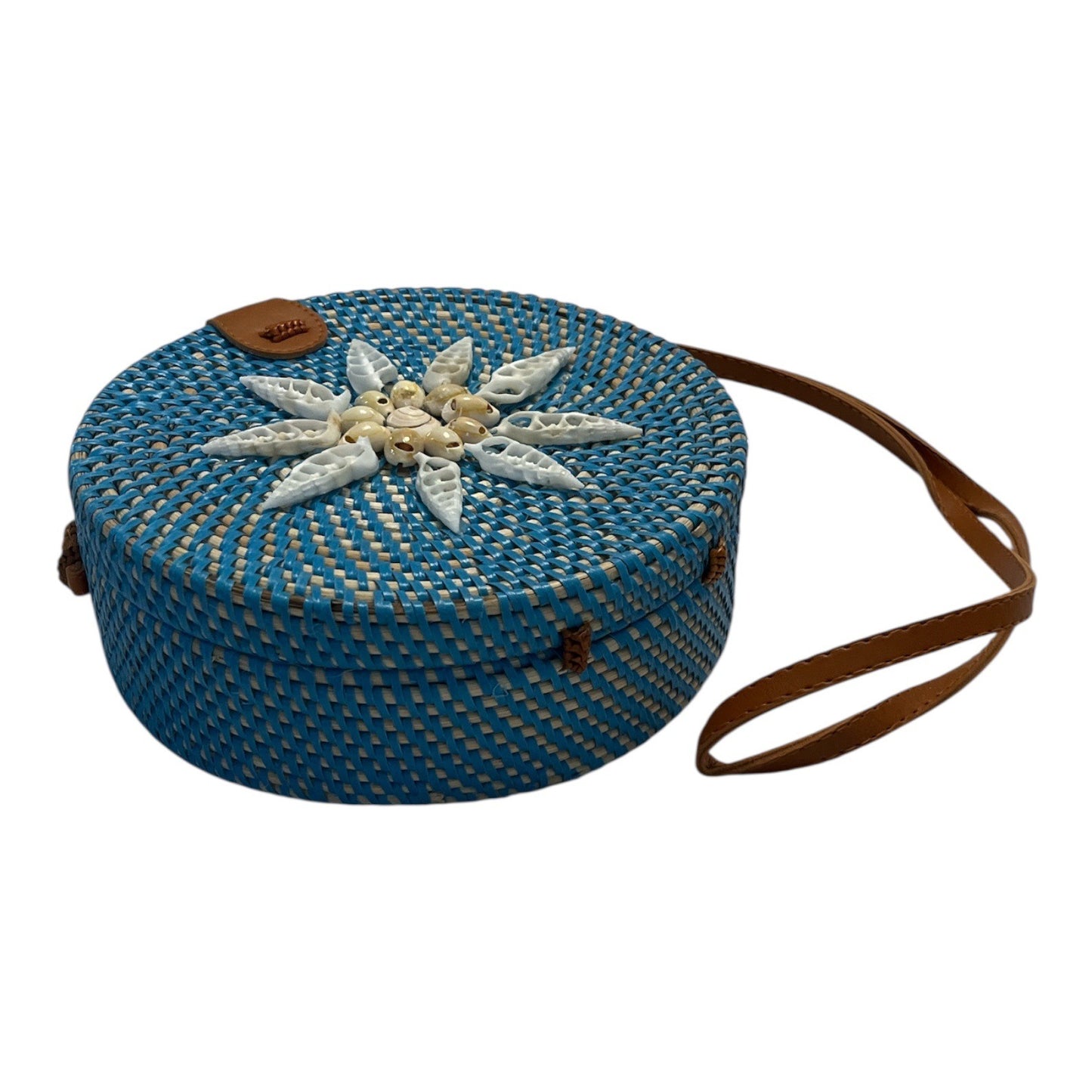 Boho Round Woven Rattan Shell Bag | Blue Straw Circle Crossbody Purse | 8" with 20” Drop | Made in Philippines