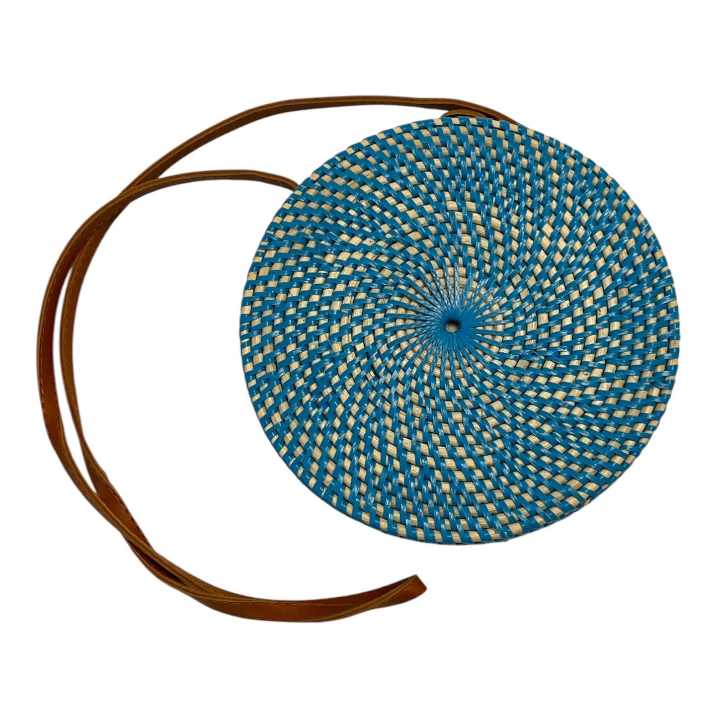 Boho Round Woven Rattan Shell Bag | Blue Straw Circle Crossbody Purse | 8" with 20” Drop | Made in Philippines
