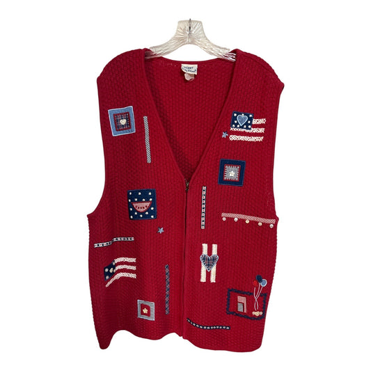 Vintage Koret City Blues Red Knit Vest – Patriotic Americana Flag & Heart Embroidery – Women’s XL
