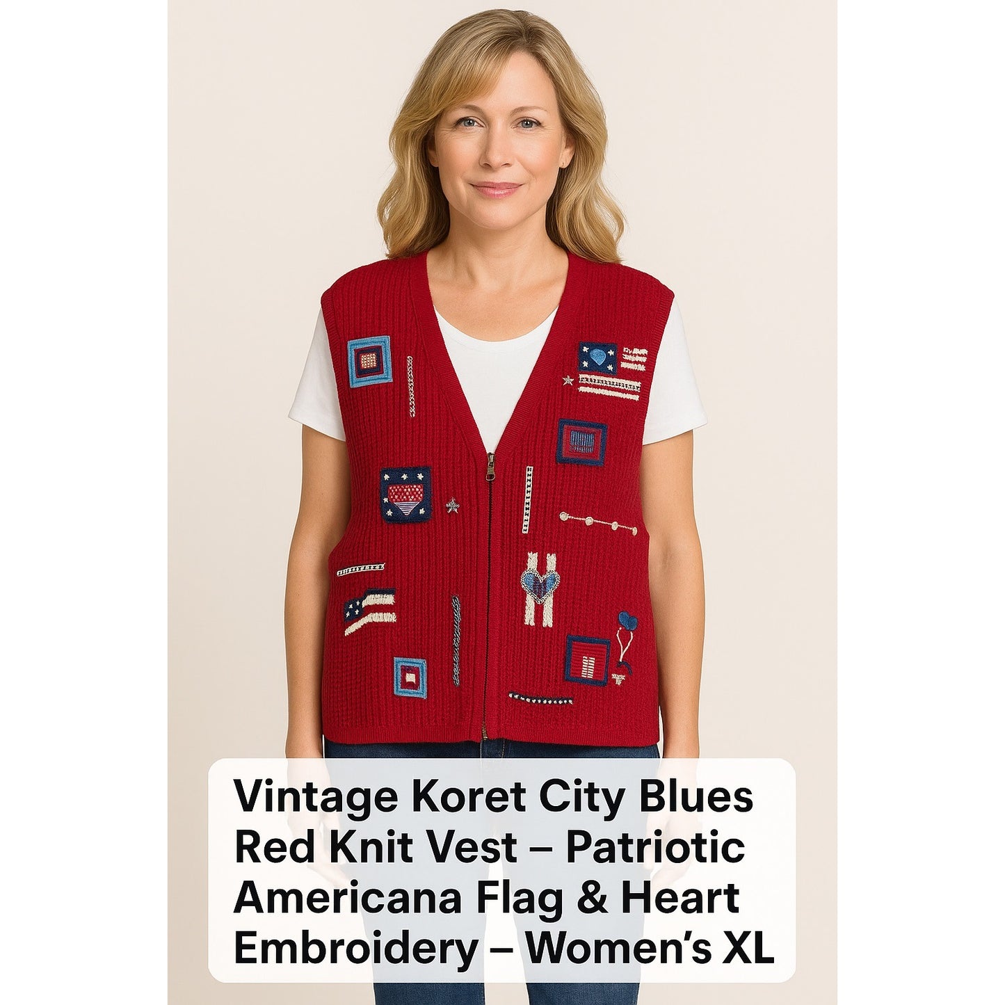 Vintage Koret City Blues Red Knit Vest – Patriotic Americana Flag & Heart Embroidery – Women’s XL