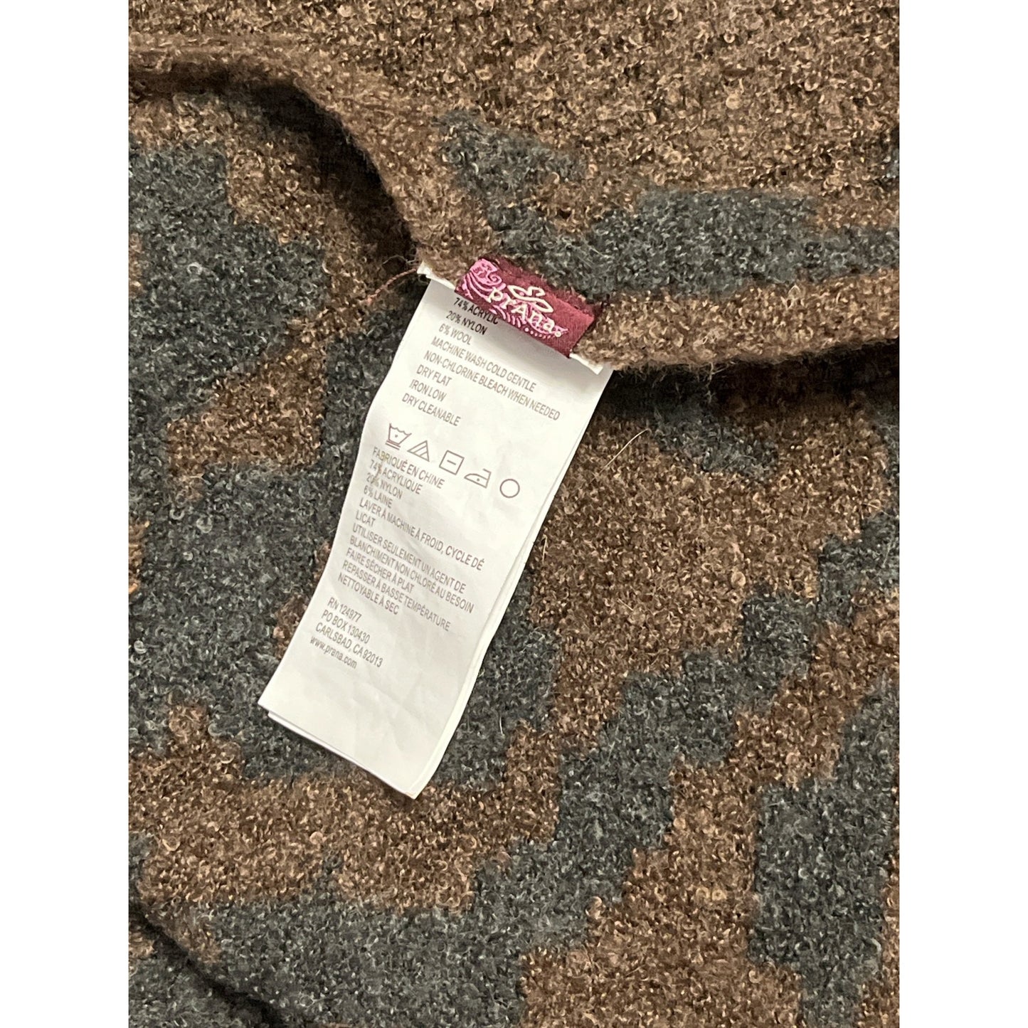 PrAna Knit Throw Blanket Brown Gray Jacquard Pattern 56x60 Acrylic Nylon Wool