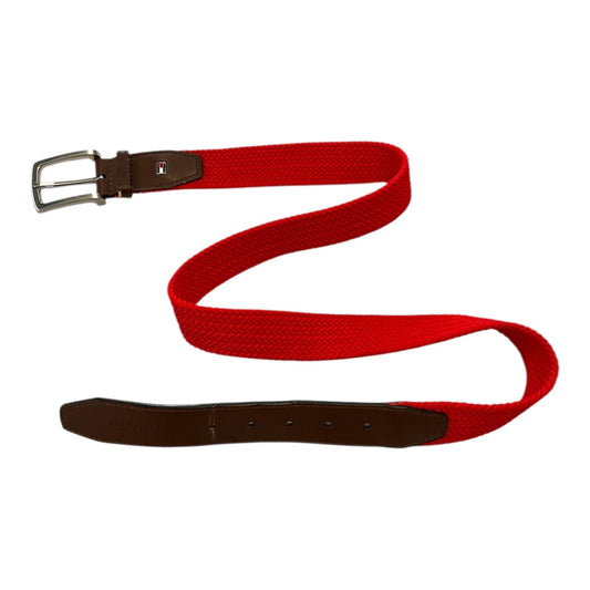 Tommy Hilfiger Men's Woven Red Belt | Bonded Leather Trim | Silver Buckle | 37" | 1.5" Width | Late 2000s–Early 2010s