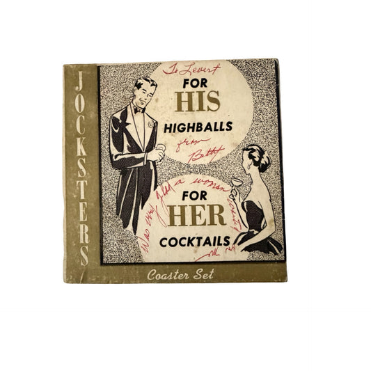 Vintage Jocksters Novelty Coaster Set For His Highballs For Her Cocktails Original Box