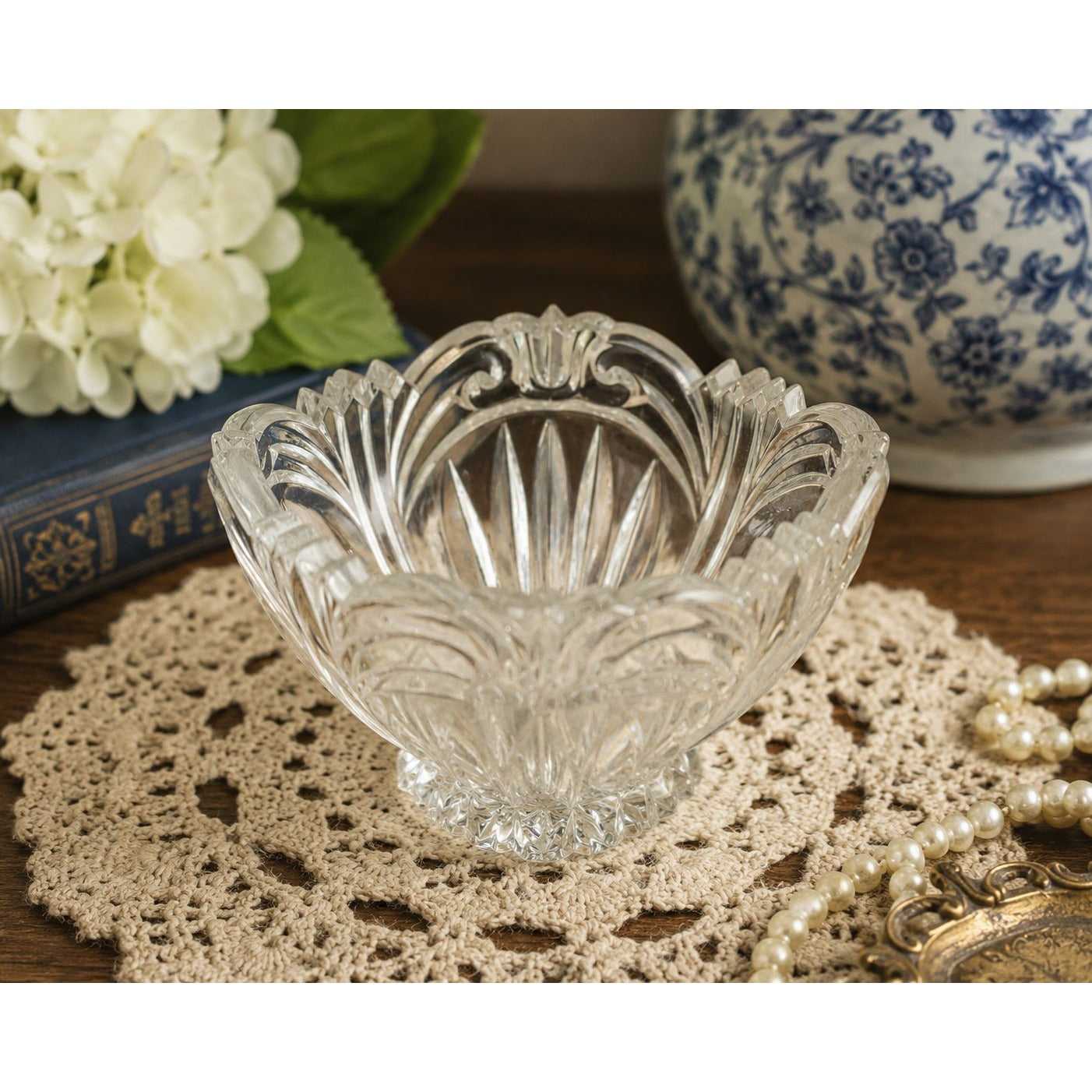 Vintage Art Deco Clear Pressed Glass Bowl Floral Fan Panel Candy Dish Vase 3.5"