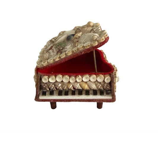 Vintage Seashell Grand Piano Jewelry Trinket Box Red Velvet Lined Beach Decor