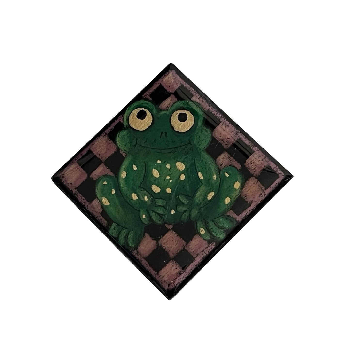 Hand Painted Frog Brooch Signed JB Green Frog Pin Wood Tile Art Jewelry