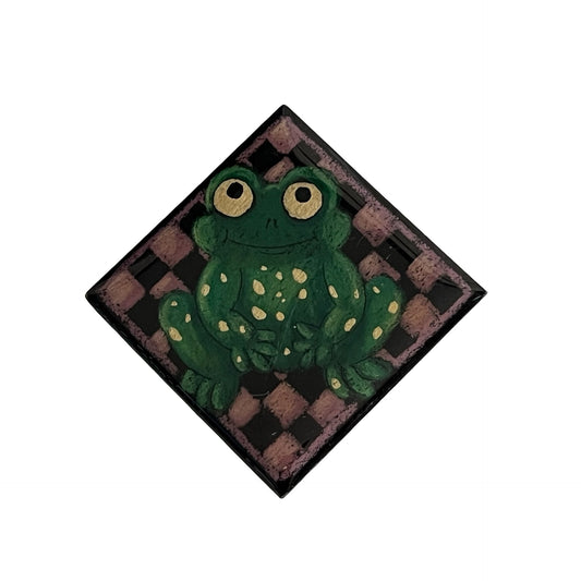 Hand Painted Frog Brooch Signed JB Green Frog Pin Wood Tile Art Jewelry