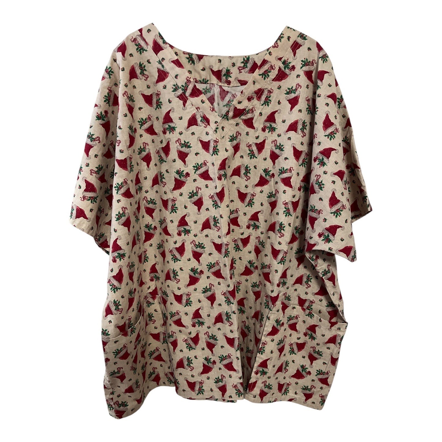 Vintage Handmade Christmas Scrub Top 2X – Santa Hat Holly Print Gold Sparkle – Flaw