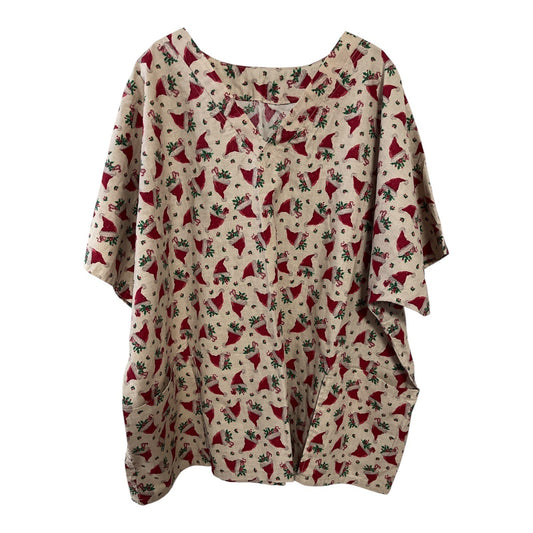 Vintage Handmade Christmas Scrub Top 2X – Santa Hat Holly Print Gold Sparkle – Flaw