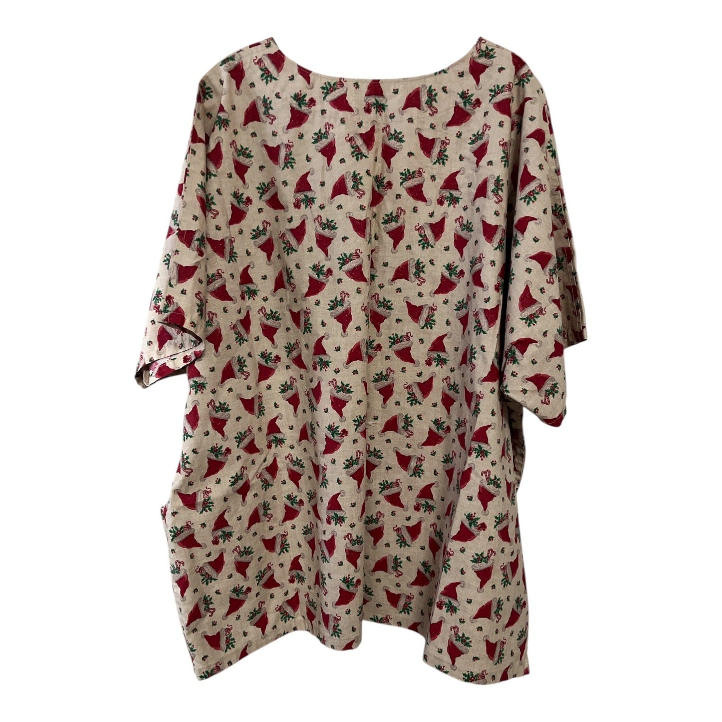 Vintage Handmade Christmas Scrub Top 2X – Santa Hat Holly Print Gold Sparkle – Flaw