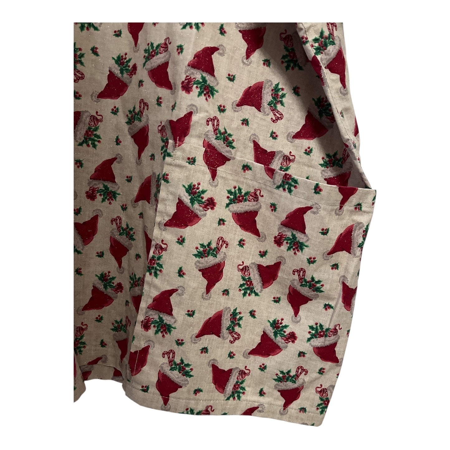 Vintage Handmade Christmas Scrub Top 2X – Santa Hat Holly Print Gold Sparkle – Flaw