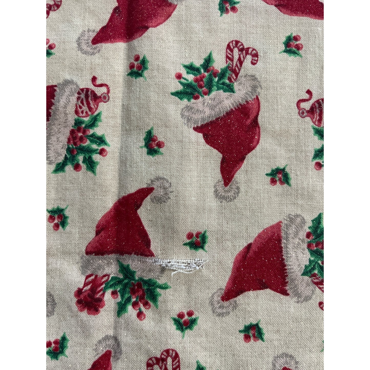 Vintage Handmade Christmas Scrub Top 2X – Santa Hat Holly Print Gold Sparkle – Flaw