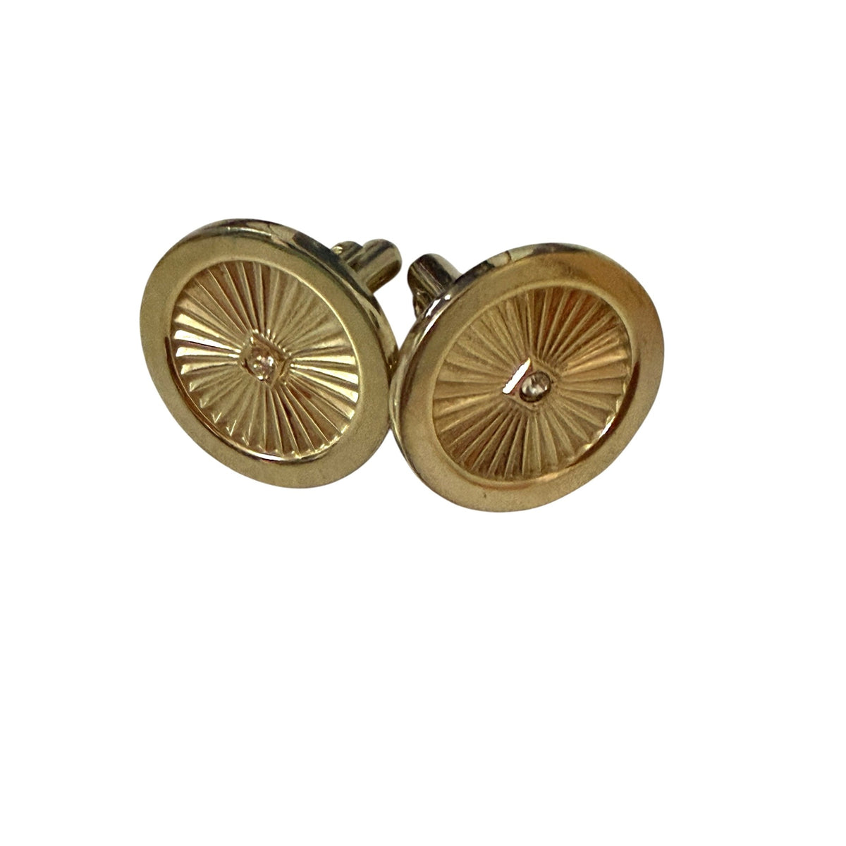 Vintage Gold Tone Sunburst Cufflinks Clear Rhinestone Round 7/8 Inch