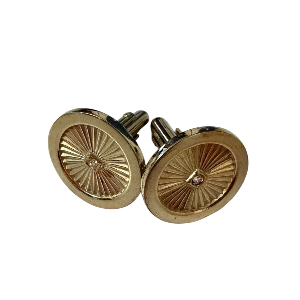 Vintage Gold Tone Sunburst Cufflinks Clear Rhinestone Round 7/8 Inch