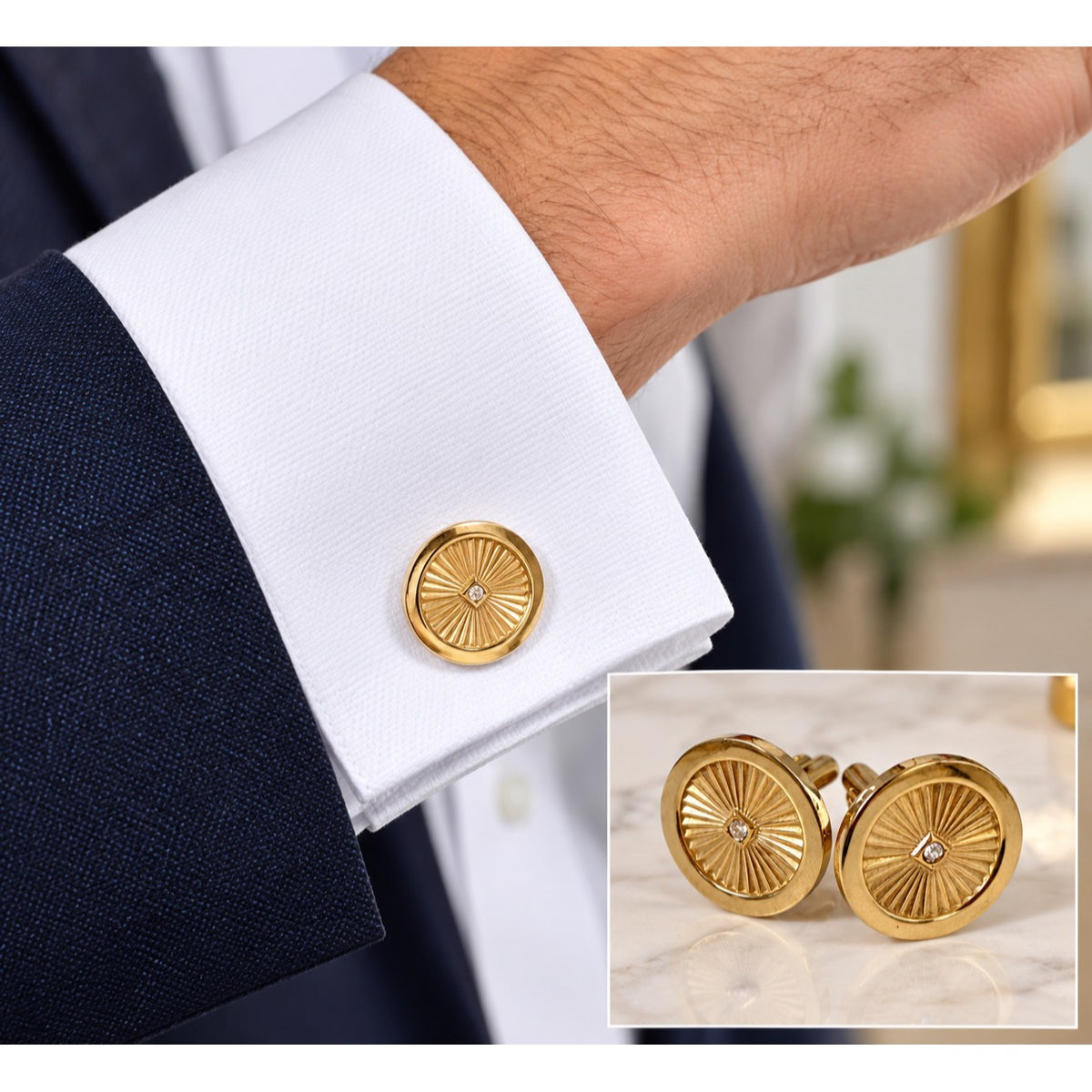 Vintage Gold Tone Sunburst Cufflinks Clear Rhinestone Round 7/8 Inch