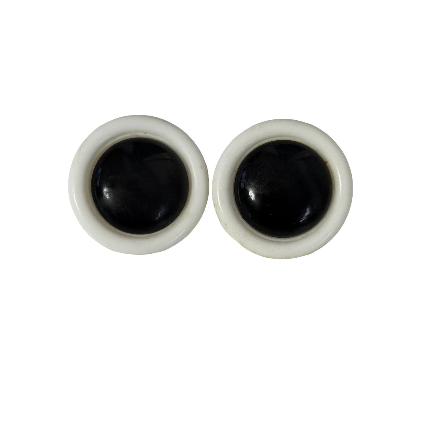 Vintage Black White Cabochon Clip On Earrings Mod 1950s 1960s 1.5 Inch