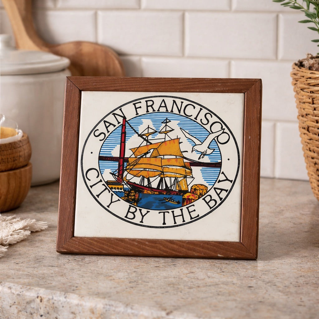 Vintage San Francisco City by the Bay Ceramic Tile Trivet Wall Plaque Sailing Ship Souvenir