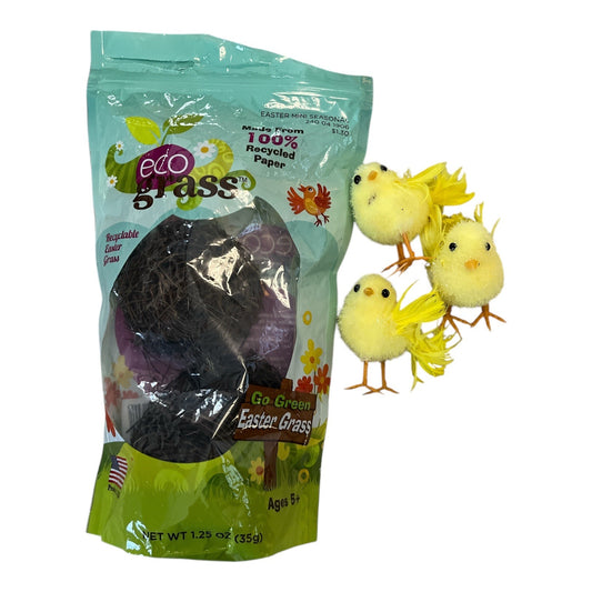 Eco Grass Recycled Easter Basket Filler (Opened, 1.25 oz) + Set of 3 Yellow Feather Chicks – Go Green Spring Decor