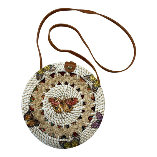 Handmade Round Rattan Crossbody Bag – Butterfly Design – 7.5 x 3 in – New from Philippines