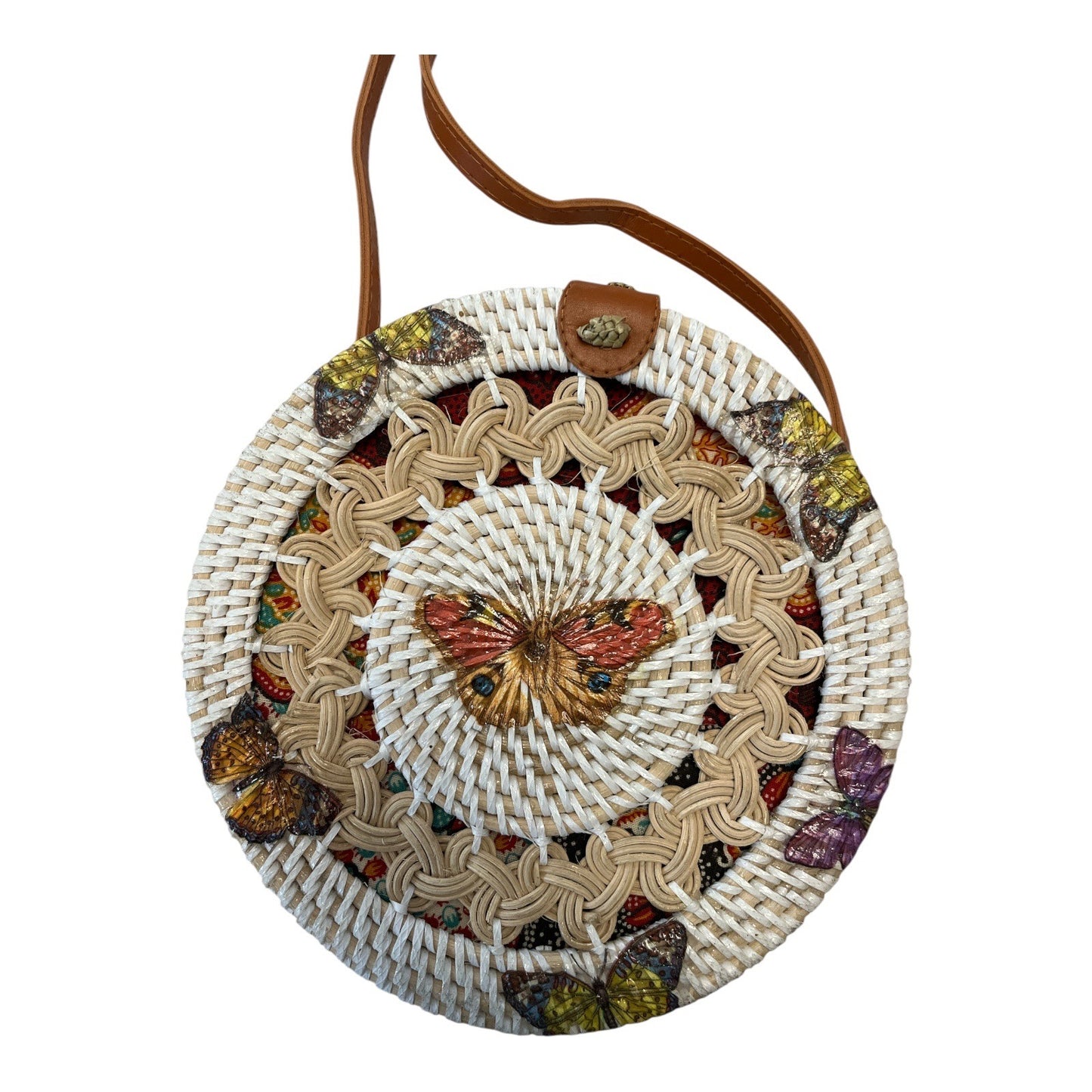 Handmade Round Rattan Crossbody Bag – Butterfly Design – 7.5 x 3 in – New from Philippines