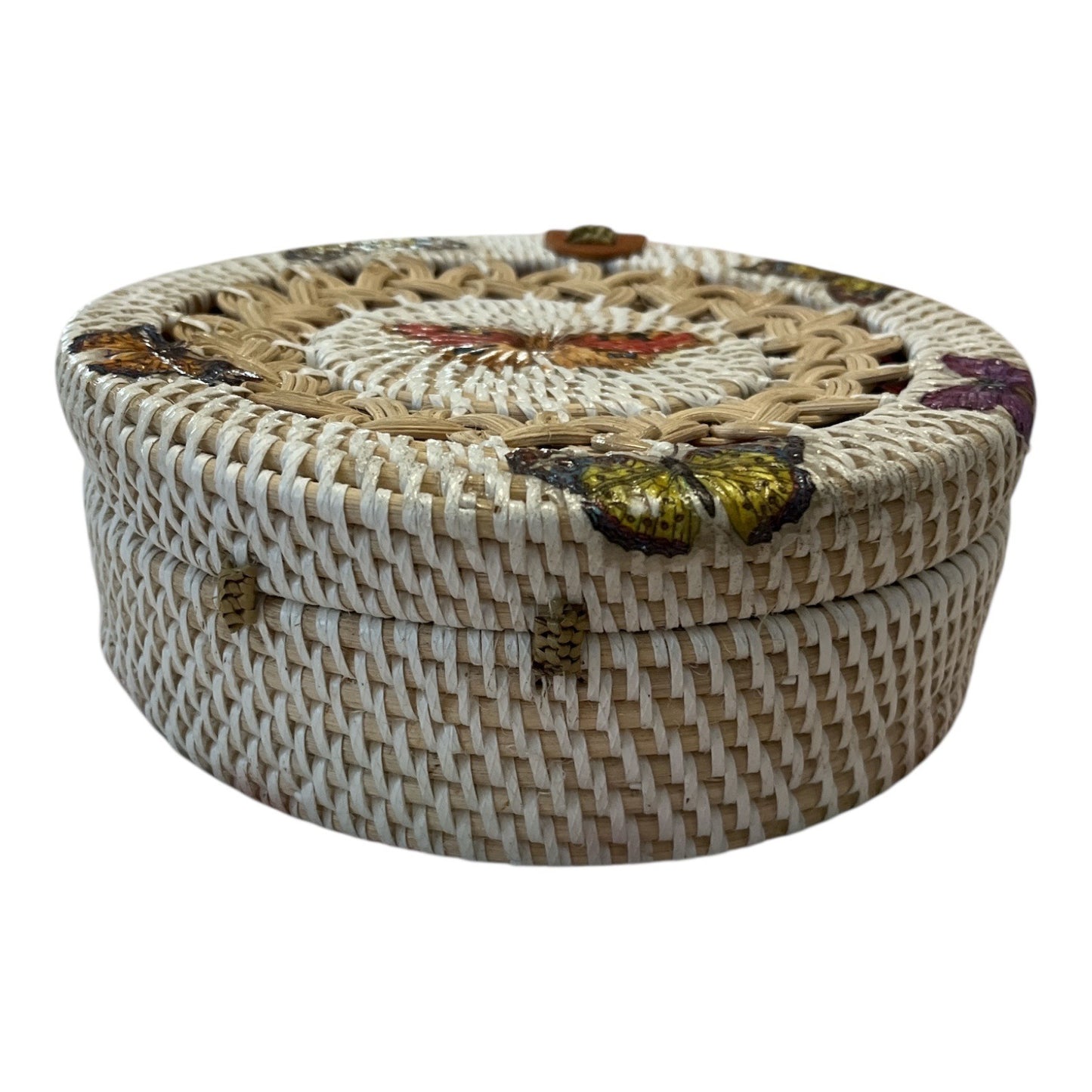 Handmade Round Rattan Crossbody Bag – Butterfly Design – 7.5 x 3 in – New from Philippines