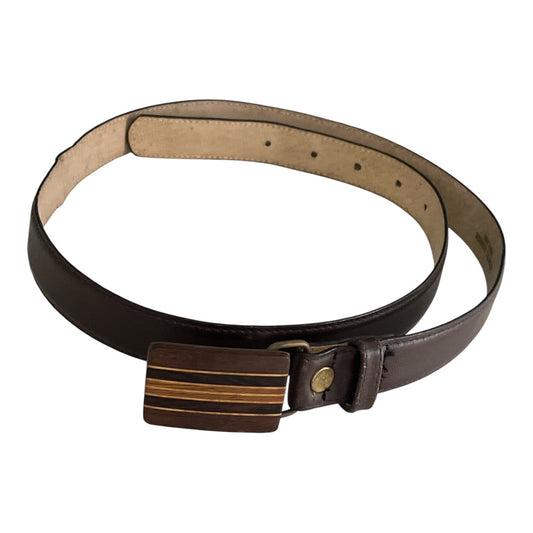 Vtg Brown Leather Belt with Wood Inlay Buckle – Size 40/100 – Imported Cowhide, Pigskin Lined