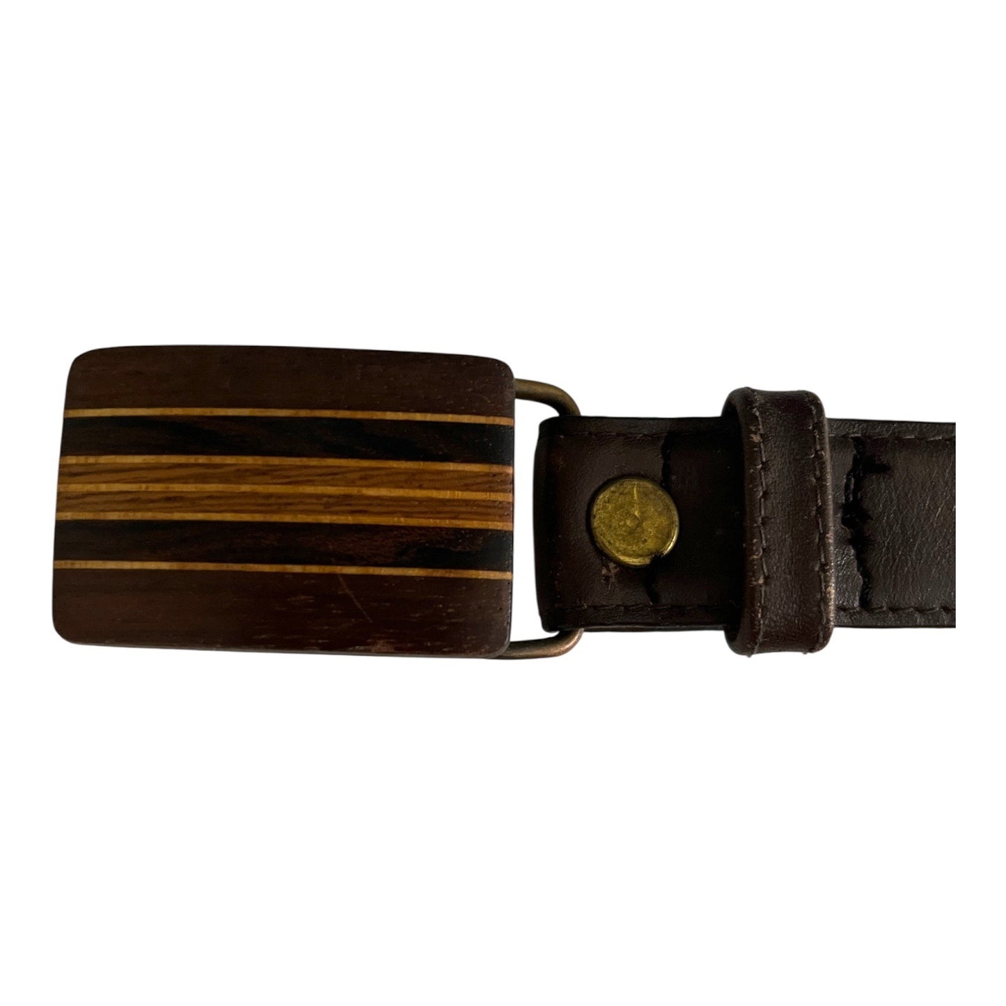 Vtg Brown Leather Belt with Wood Inlay Buckle – Size 40/100 – Imported Cowhide, Pigskin Lined