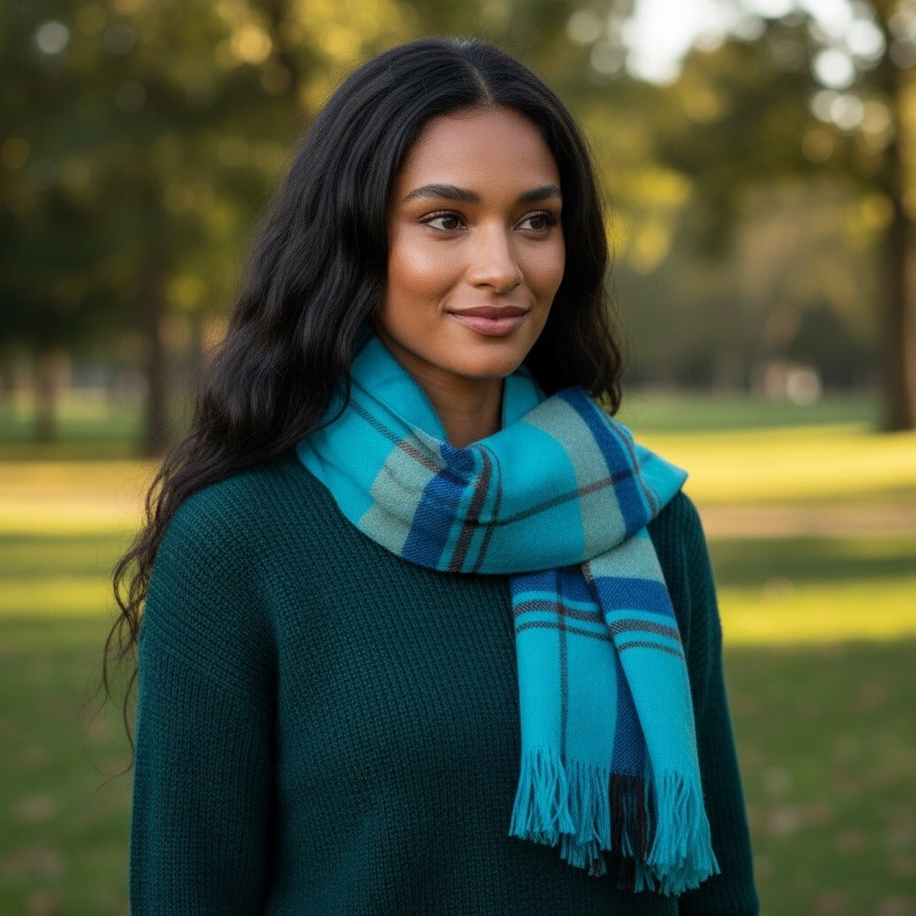 Teal Plaid Cashmere Feel Scarf Long Fringe Winter Wrap