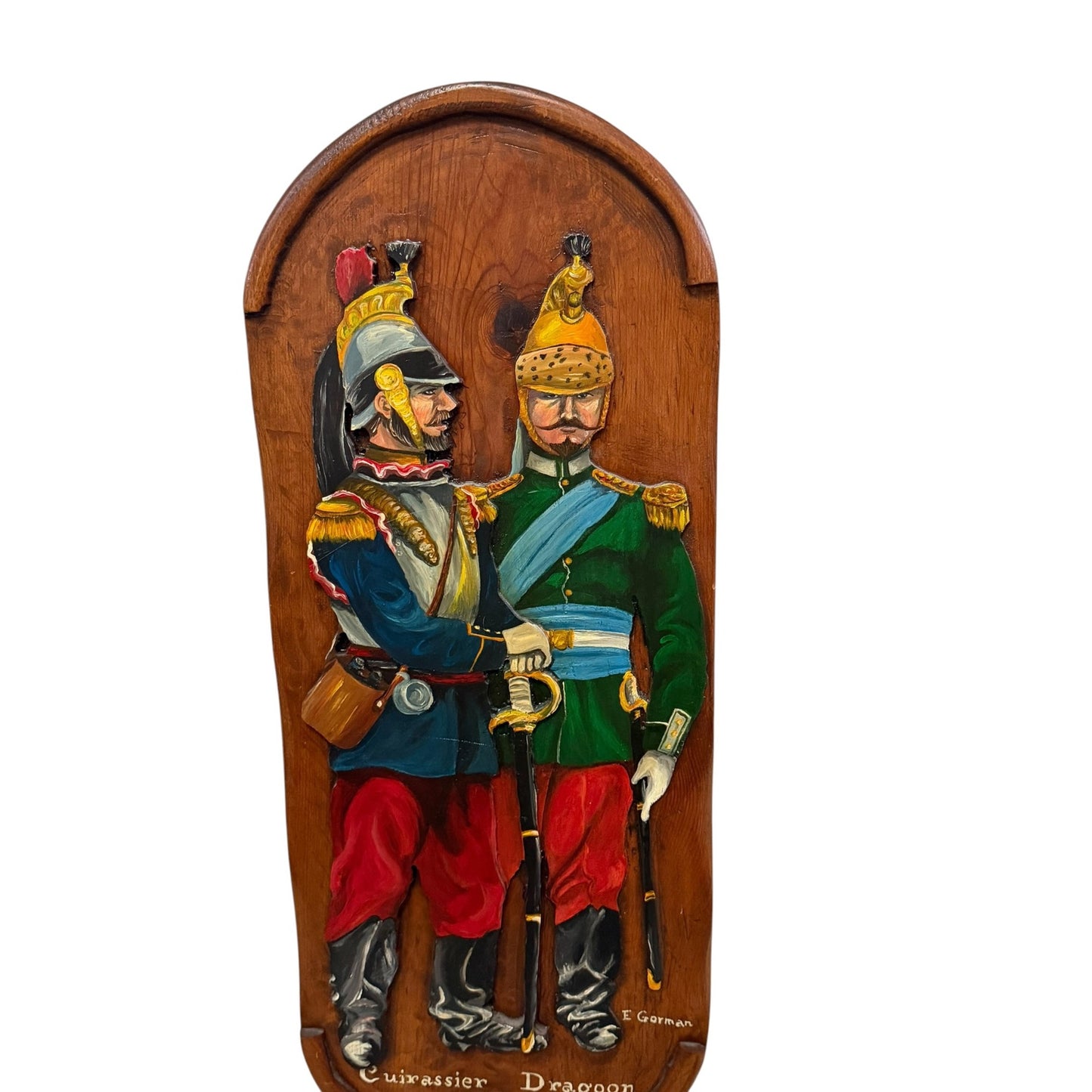 Vintage Hand Carved Military Wall Plaque Cuirassier Dragoon 1870 E. Gorman Wood Relief Art