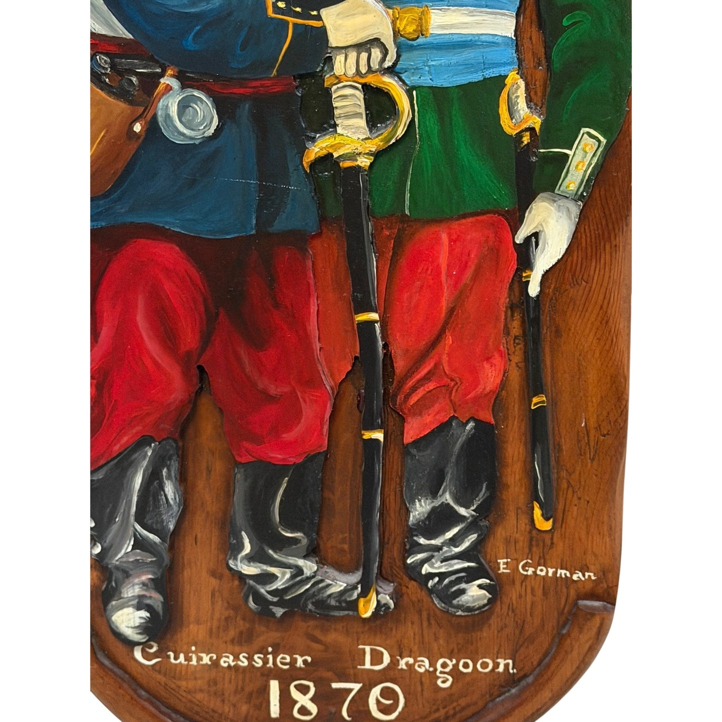Vintage Hand Carved Military Wall Plaque Cuirassier Dragoon 1870 E. Gorman Wood Relief Art