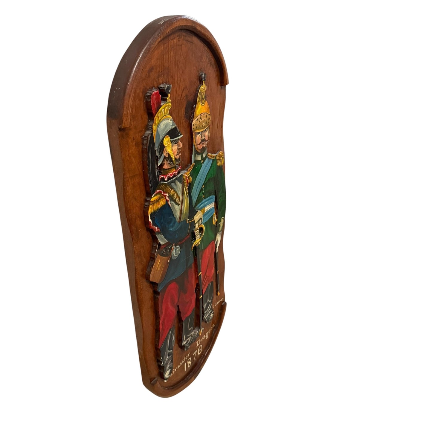 Vintage Hand Carved Military Wall Plaque Cuirassier Dragoon 1870 E. Gorman Wood Relief Art