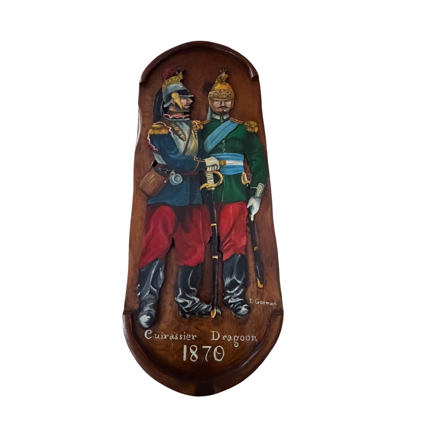 Vintage Hand Carved Military Wall Plaque Cuirassier Dragoon 1870 E. Gorman Wood Relief Art