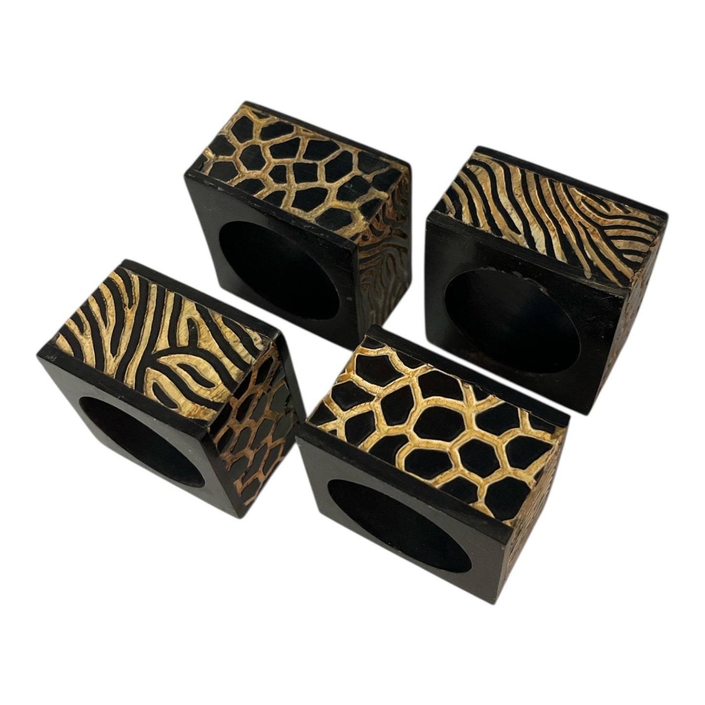 Vintage Set of 4 Black Gold Animal Print Napkin Rings Hard Plastic Zebra Giraffe