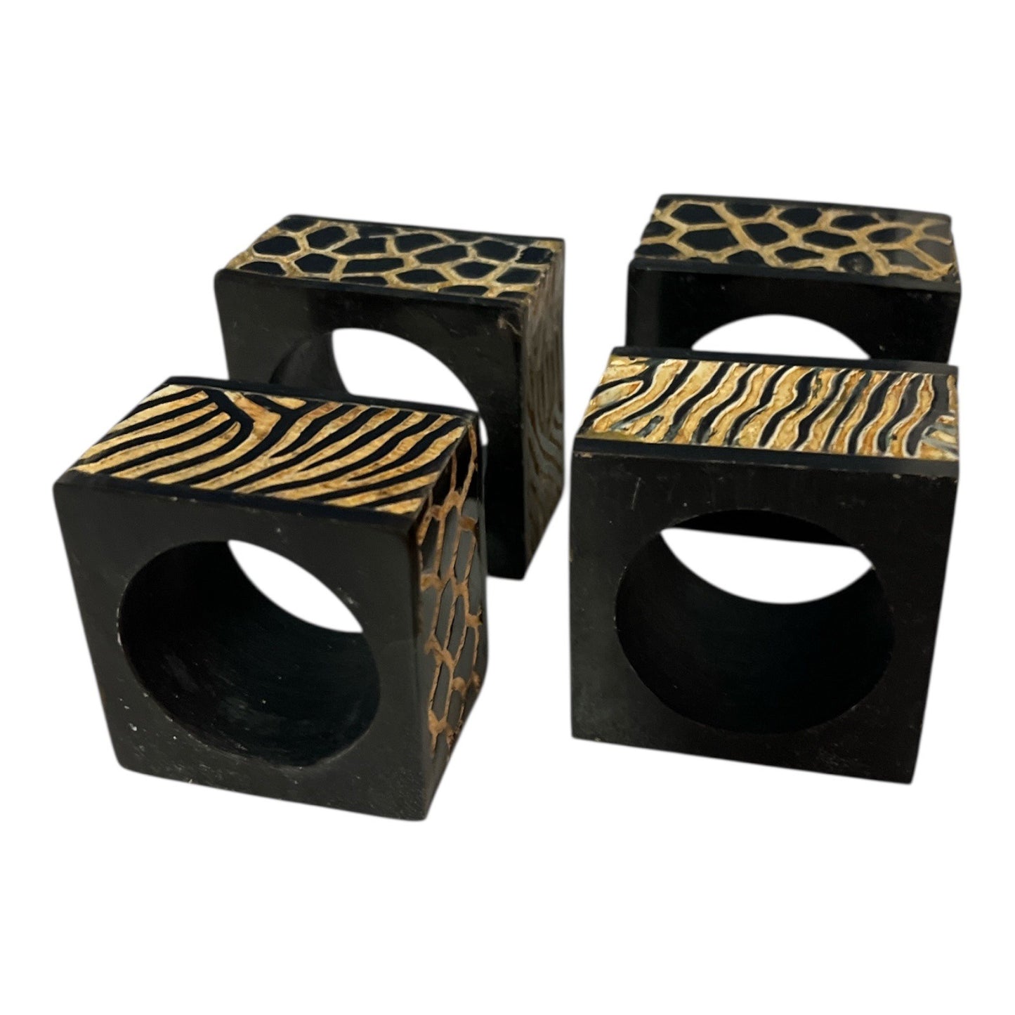 Vintage Set of 4 Black Gold Animal Print Napkin Rings Hard Plastic Zebra Giraffe