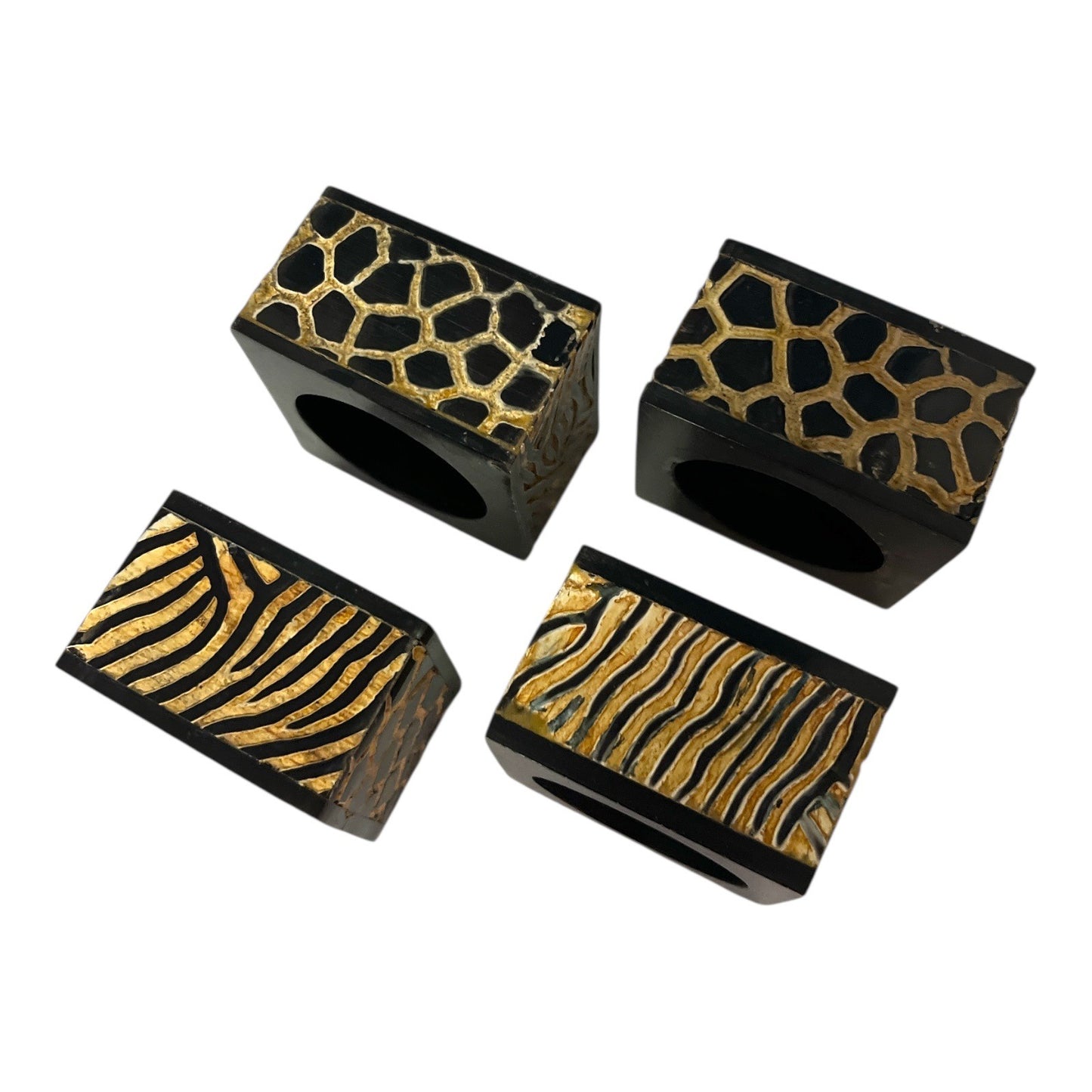 Vintage Set of 4 Black Gold Animal Print Napkin Rings Hard Plastic Zebra Giraffe