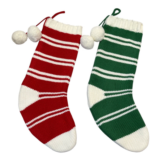 Wondershop Knit Christmas Stockings Set of 2 – Red & Green Striped with Pom Poms – Acrylic & Fleece – Target Holiday Decor